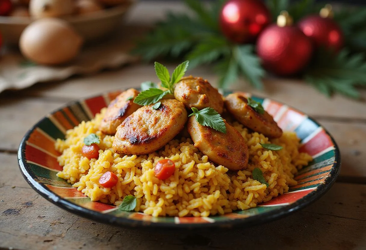 Delicious Jollof rice with chicken beautifully plated, showcasing vibrant colors and garnished with herbs for a mouthwatering presentation.