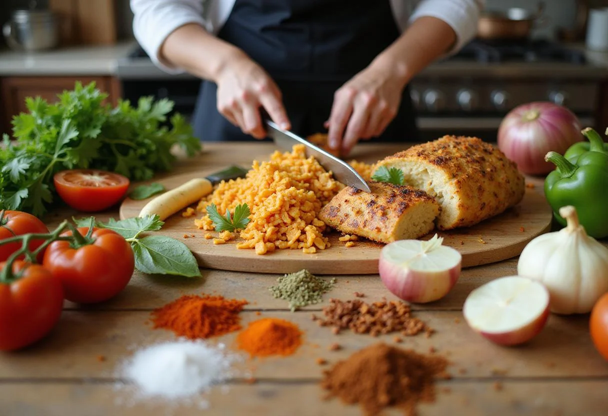 Fresh ingredients for jollof rice with chicken including tomatoes, onions, and bell peppers in a vibrant kitchen scene.