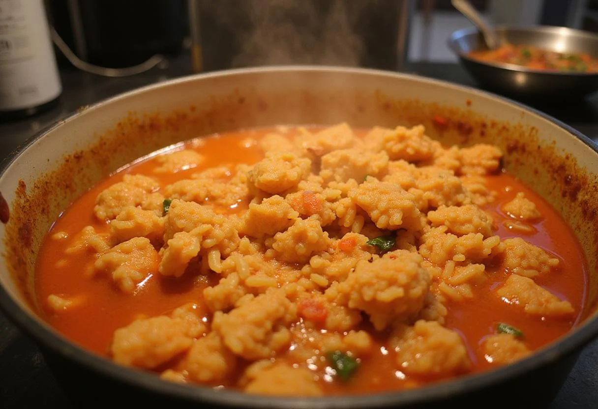 Adding long-grain rice and broth to the tomato sauce for jollof rice with chicken, highlighting the delicious cooking process.