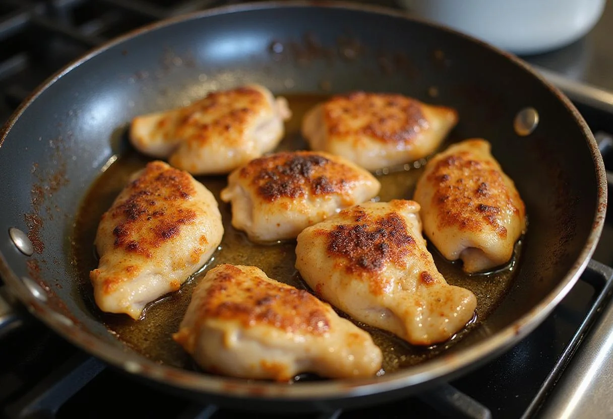 Sizzling chicken being browned in a skillet, preparing for the flavorful jollof rice with chicken, adding depth and richness to the dish.