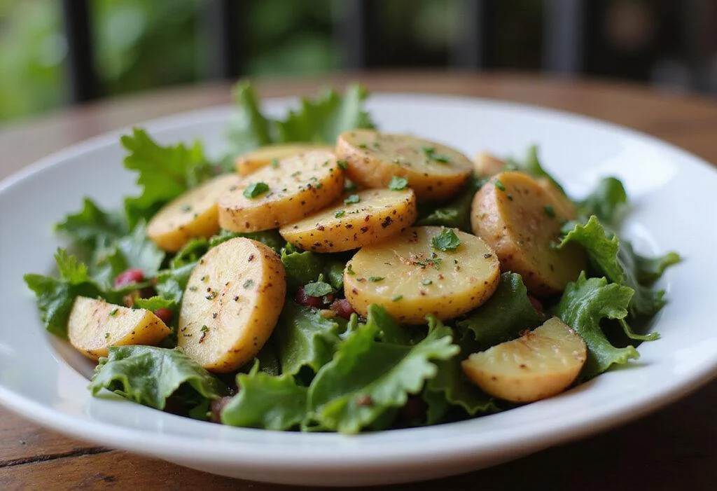 Final presentation of a delicious Forbidden Potato Leaf Salad with bright colors and textures, perfect for a fresh meal.