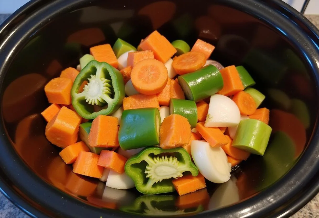 Adding colorful chopped vegetables to the slow cooker for a healthy gluten free slow cooker delight.