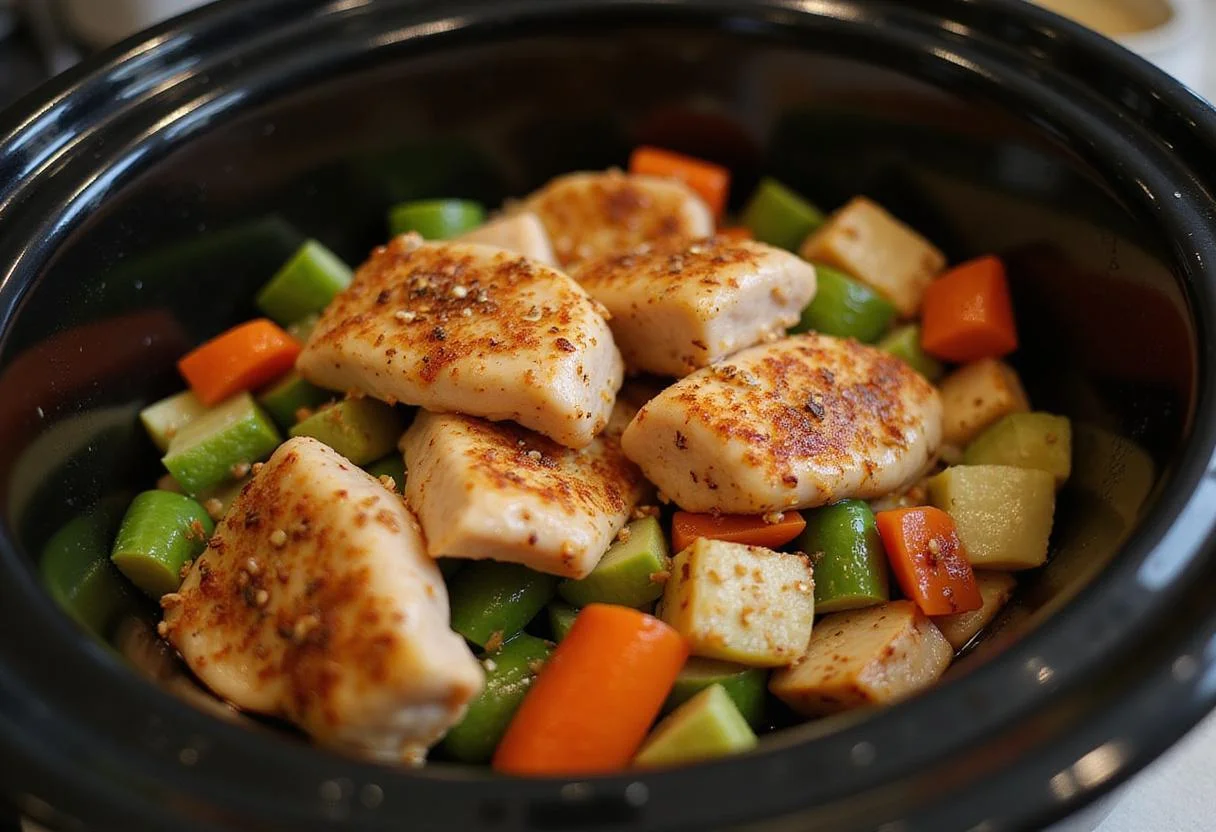 Placing seasoned chicken or tofu into the slow cooker for gluten free slow cooker recipes that are full of flavor.