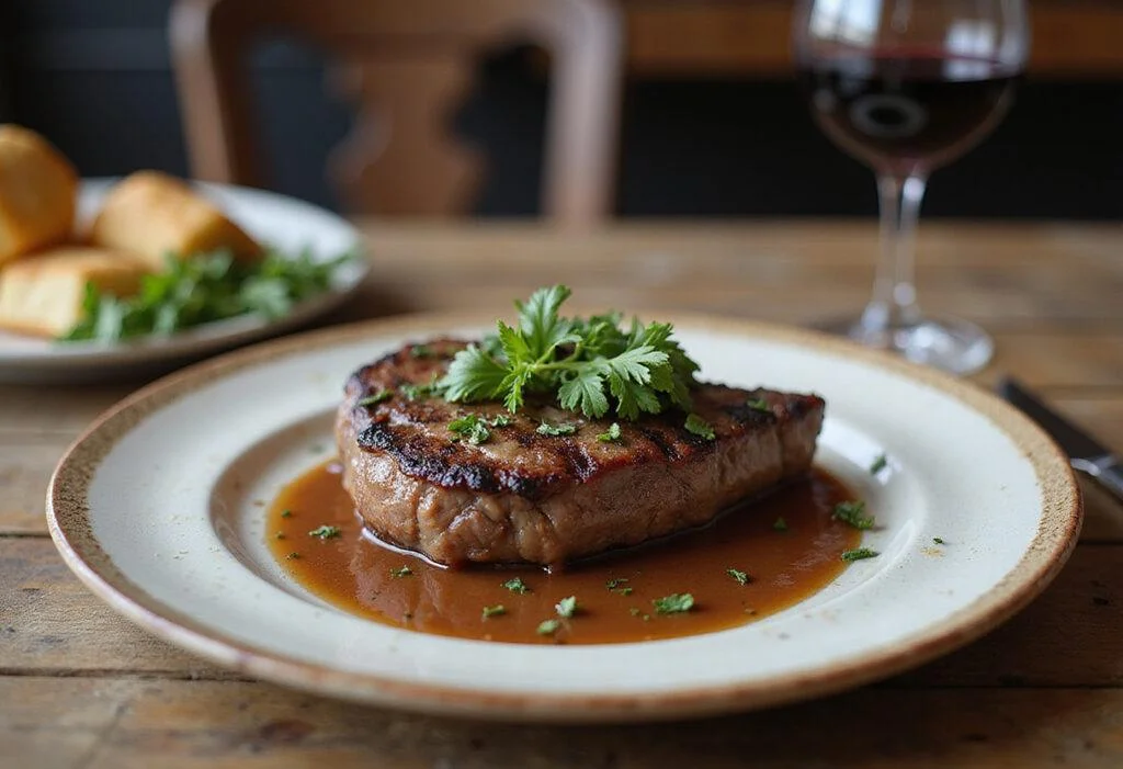 Stunning presentation of a grass-fed beef farmer's plate, highlighting thomas farms grass fed beef with fresh herbs, perfect for a wholesome dinner.