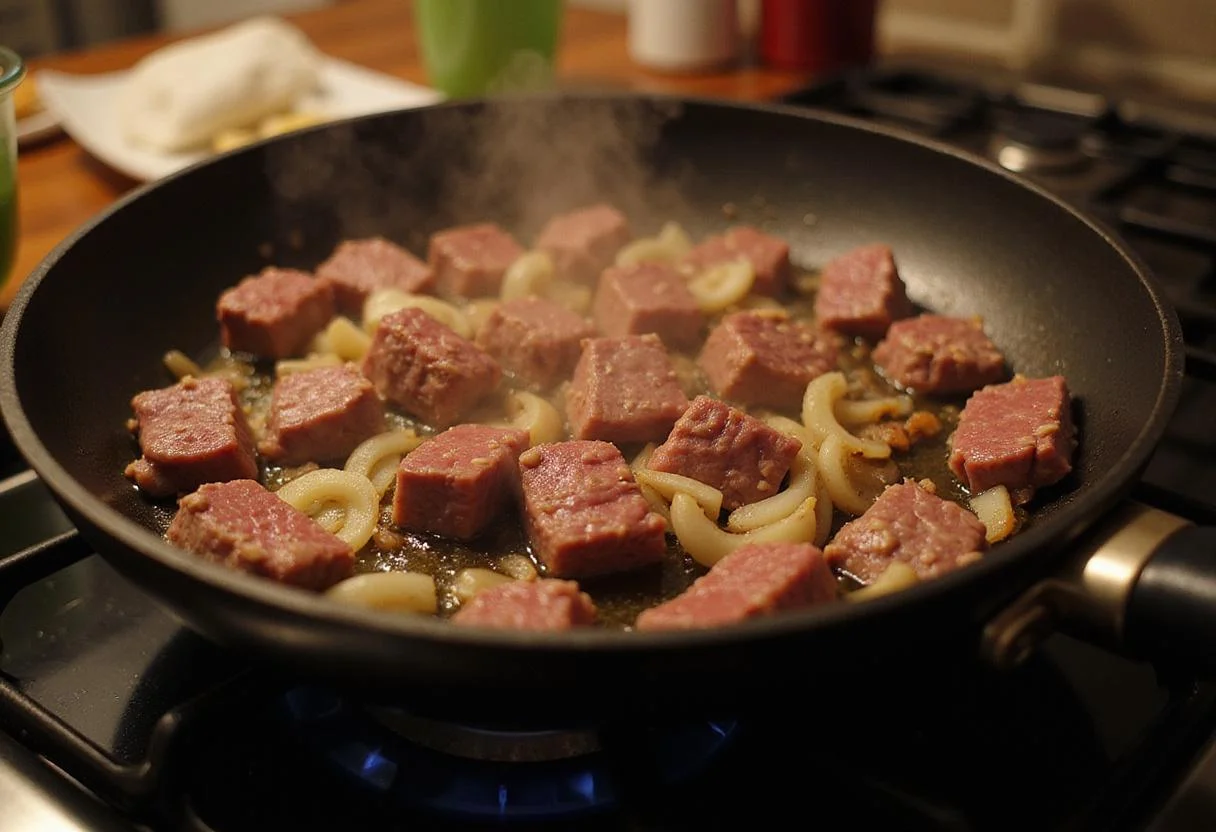 Sizzling thomas farms grass fed beef with onions and garlic, creating a wholesome farmer's plate.