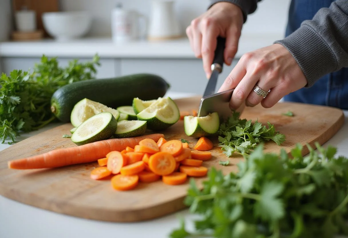 Brightly colored fresh vegetables being prepared for a nutritious farmer's plate, showcasing the healthy ingredients.