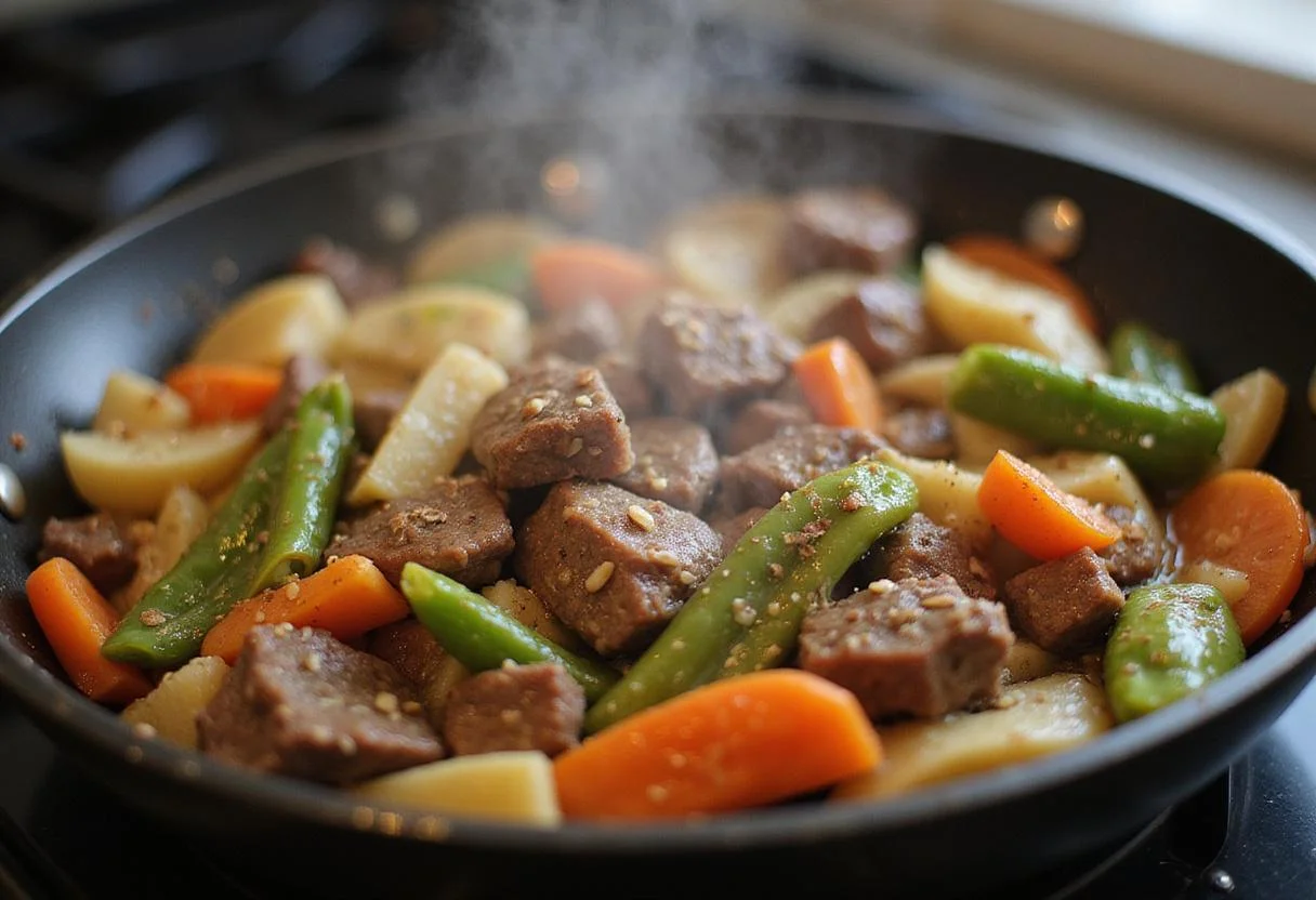 Combining sautéed thomas farms grass fed beef with fresh vegetables, creating a delicious and vibrant farmer's plate.