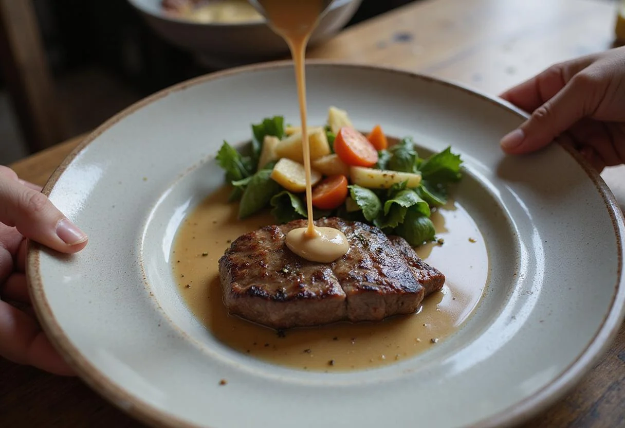An elegantly plated farmer's dish featuring thomas farms grass fed beef and fresh vegetables, ready to be served.