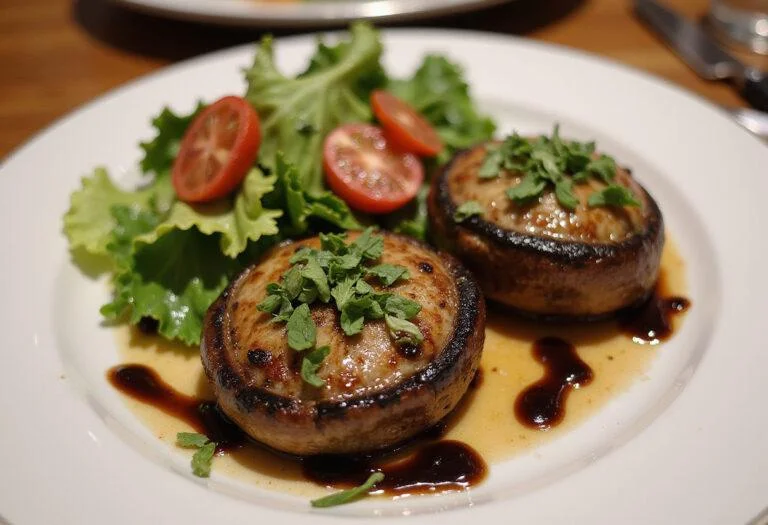 Delicious and visually appealing Grilled Portobello Mushrooms served with a fresh salad and balsamic glaze on a stylish plate.