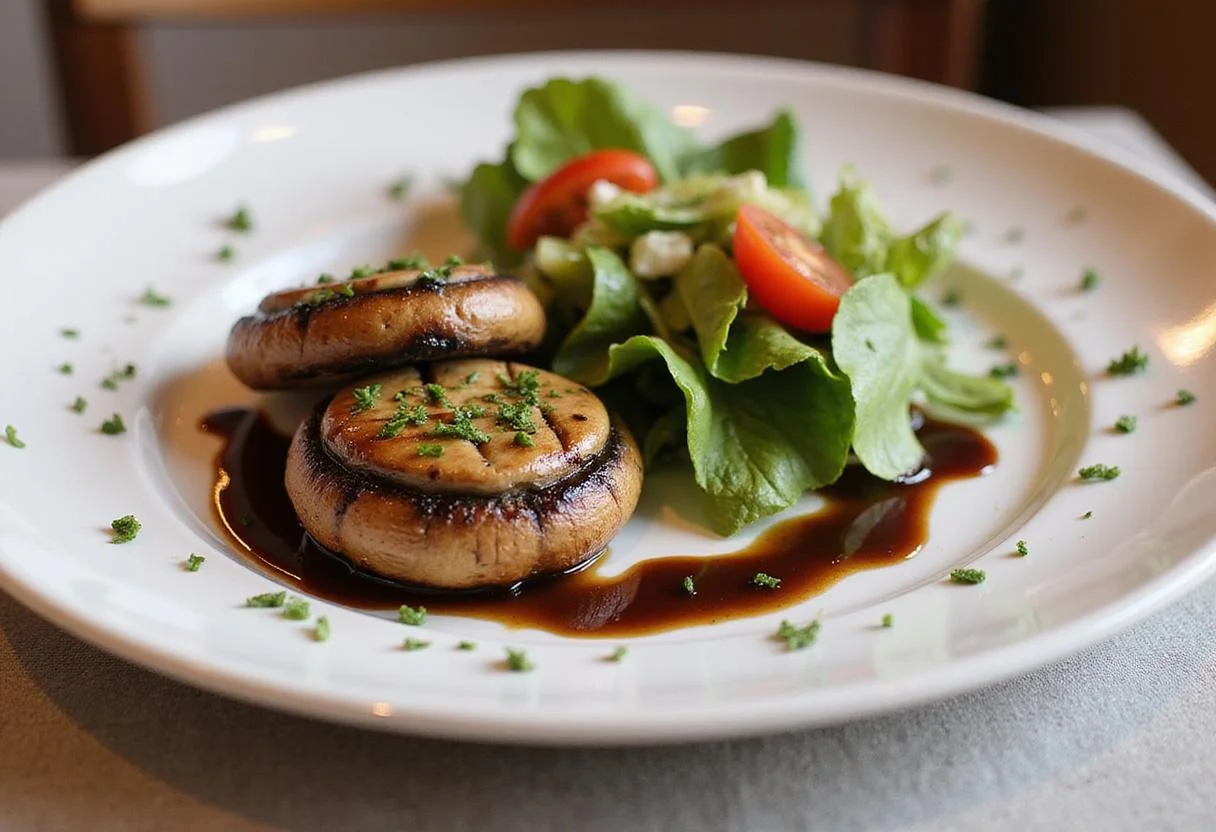 Delicious and visually appealing Grilled Portobello Mushrooms served with a fresh salad and balsamic glaze on a stylish plate.