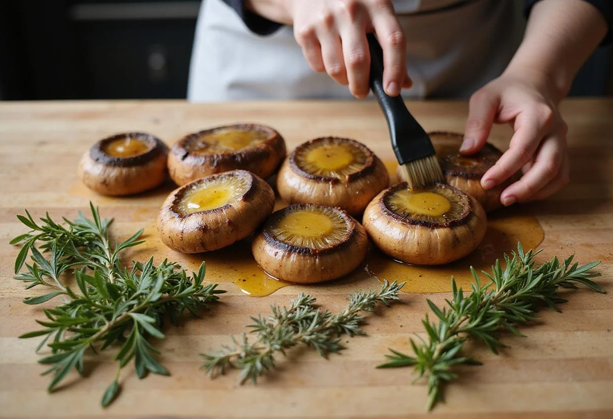 The essential step of preparing Grilled Portobello Mushrooms with olive oil and fresh herbs on a wooden cutting board.