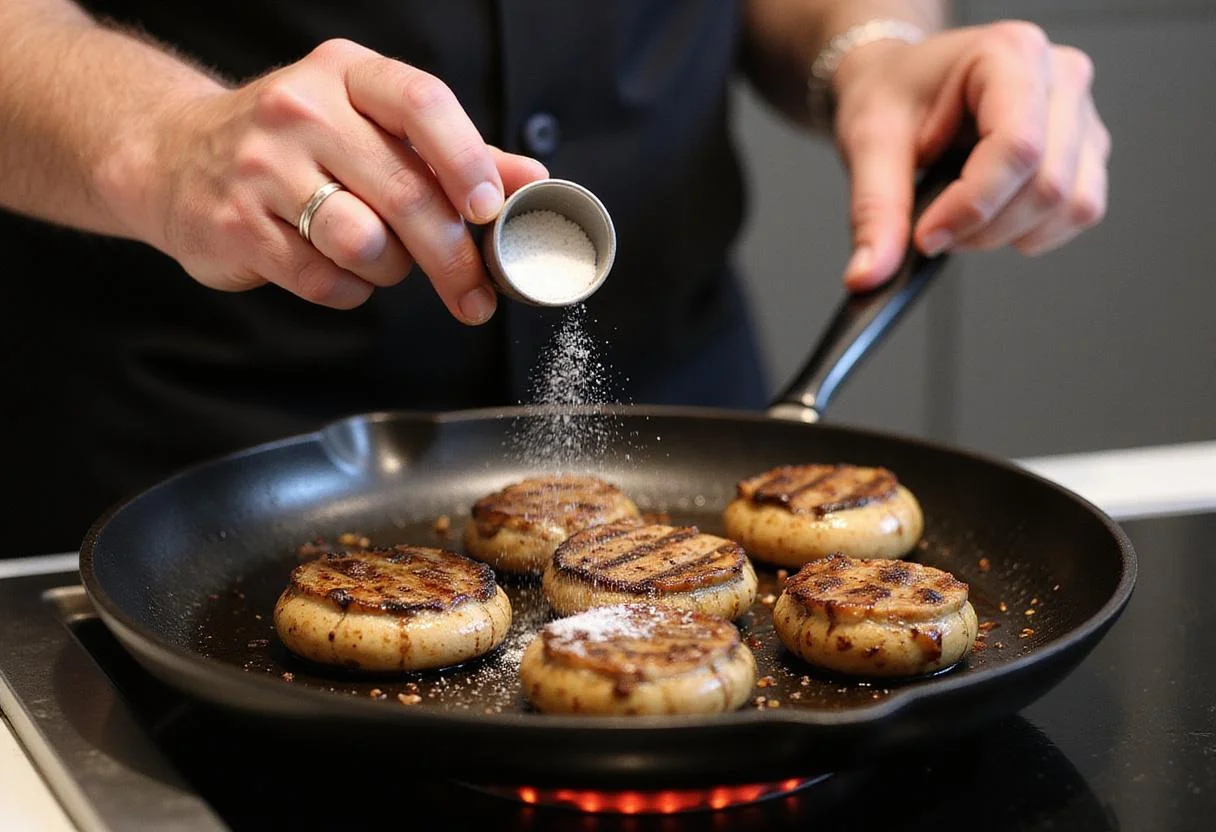 Seasoning Grilled Portobello Mushrooms with salt and pepper on a hot grill pan for perfect flavor.
