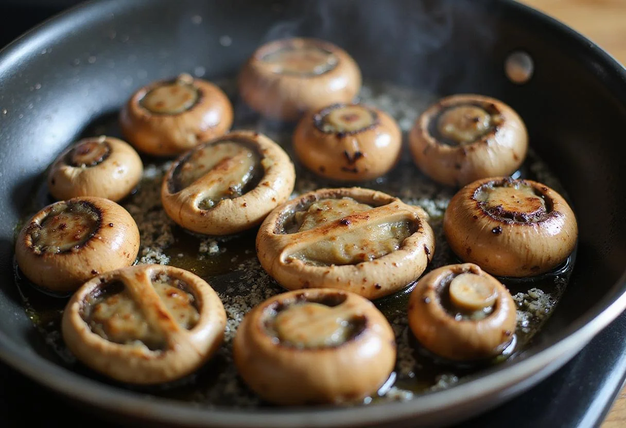 Cooking Grilled Portobello Mushrooms on a grill pan with visible grill marks and aromatic steam.