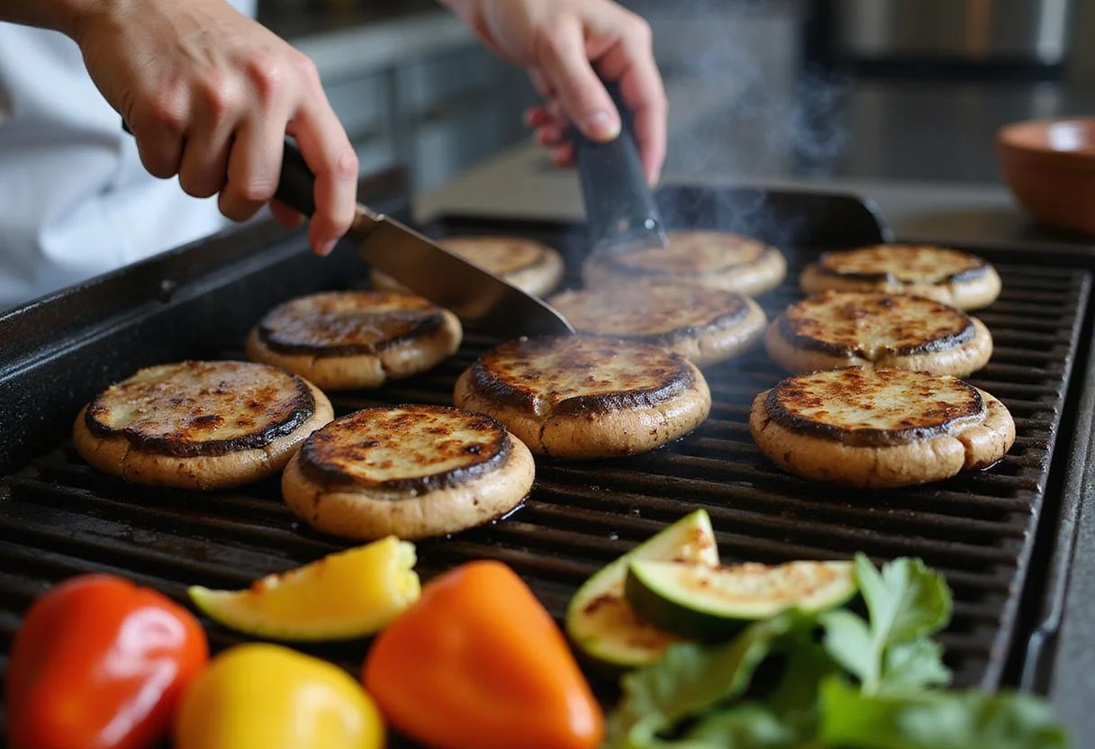Flipping Grilled Portobello Mushrooms on the grill alongside vibrant grilled vegetables for a delicious meal.