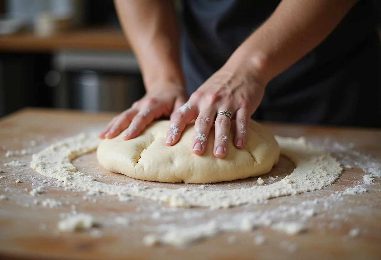 Kneading the dough for hand tossed pizza hut perfection, creating an elastic and smooth pizza base.