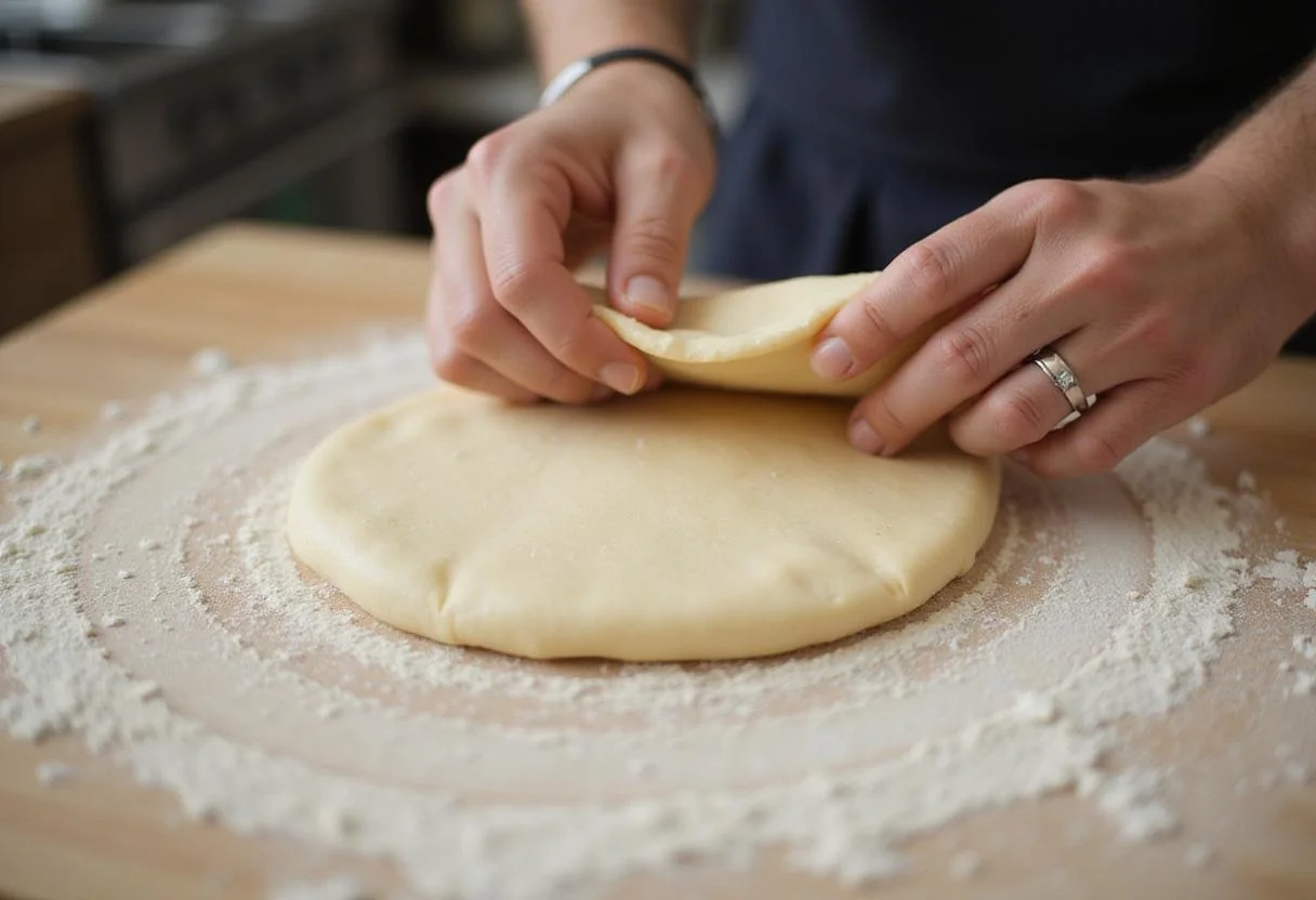 Stretching the dough for hand tossed pizza hut, forming a perfect round pizza crust with care.