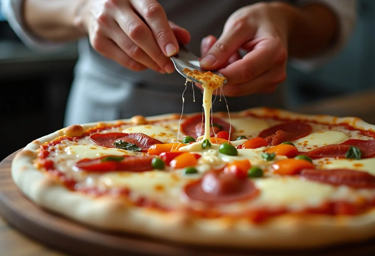 Adding cheese and toppings to hand tossed pizza hut perfection, preparing for the oven.