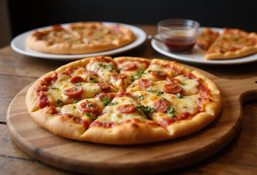Serving a delicious and cheesy Chubby's Pizza Feast with vibrant toppings and a crispy crust.