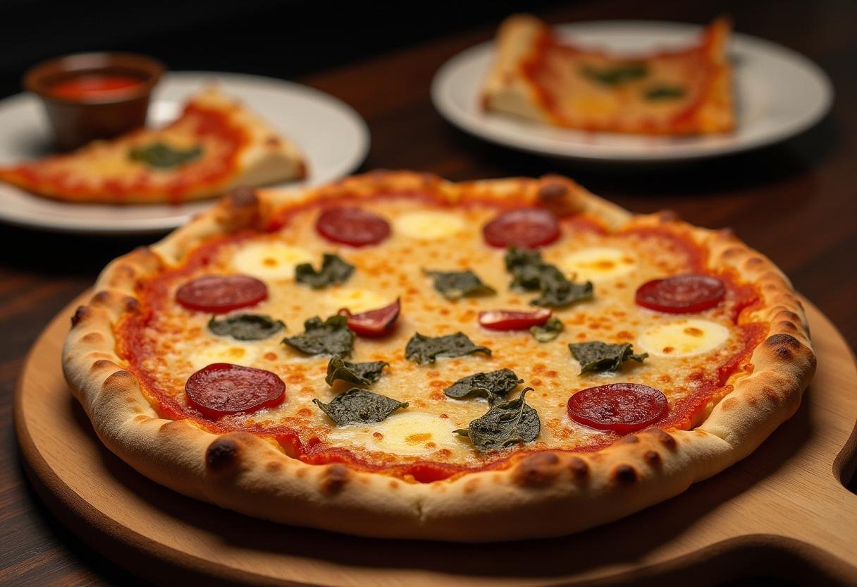 Serving a delicious and cheesy Chubby's Pizza Feast with vibrant toppings and a crispy crust.
