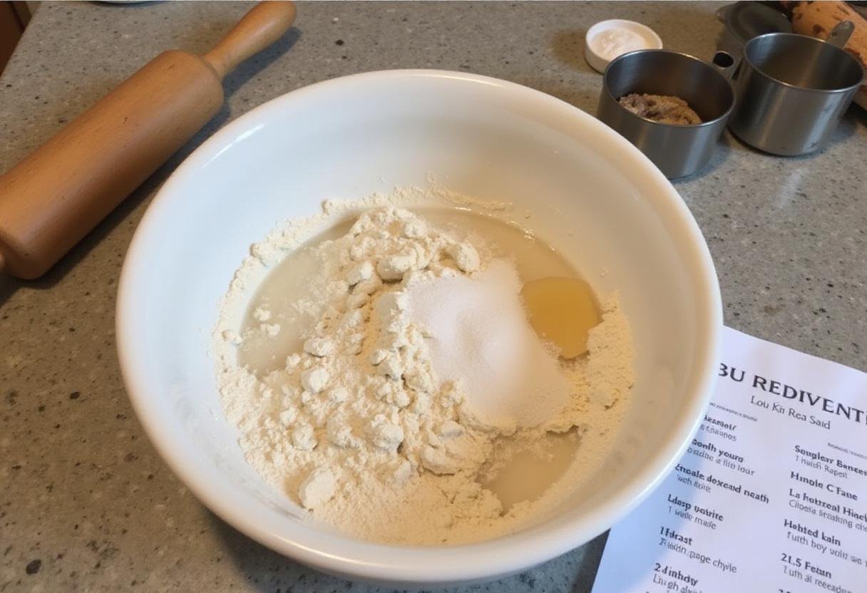 Mixing pizza dough for Chubby's Pizza with flour, yeast, and water on a countertop.