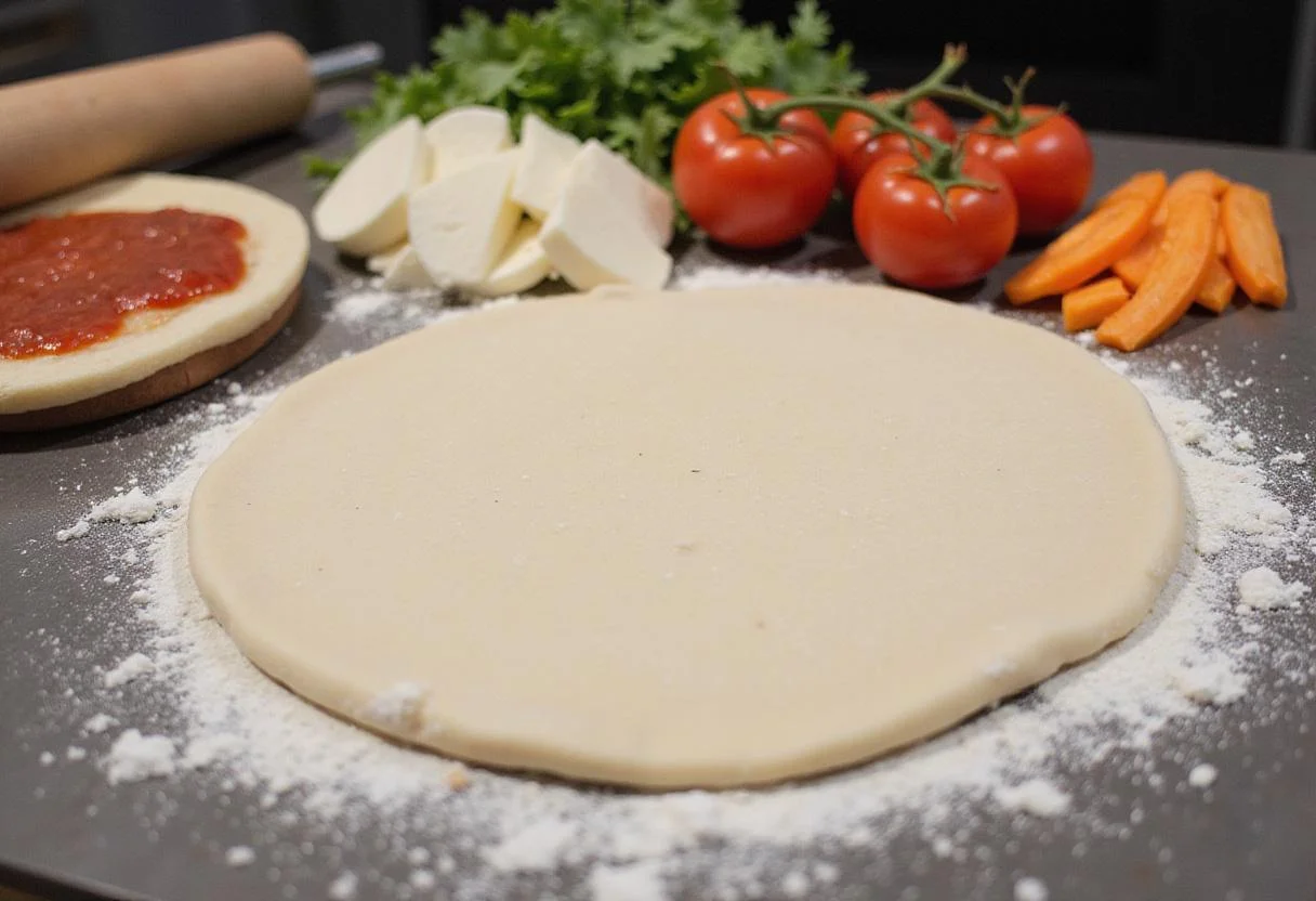 Rolling out pizza dough for Chubby's Pizza Feast with fresh ingredients ready to be added.