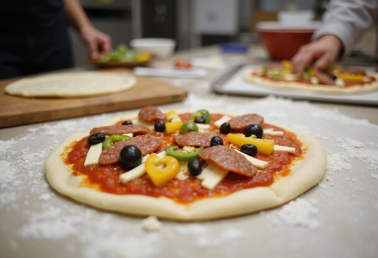 Topping the rolled pizza dough for Chubby's Pizza with tomato sauce and a variety of ingredients.