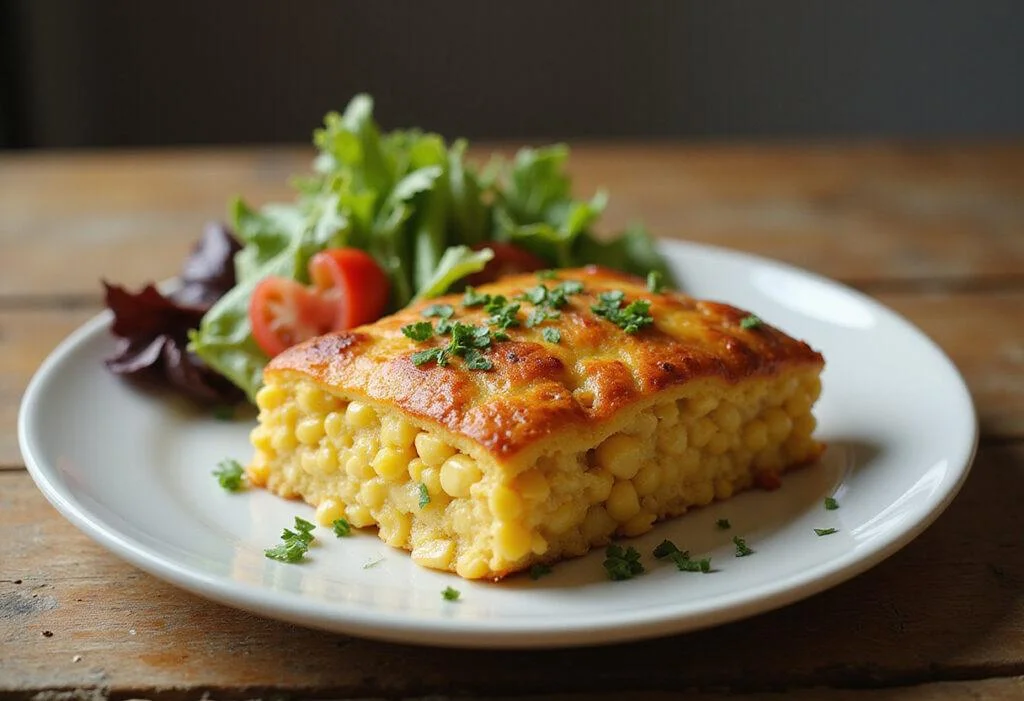 A delicious slice of hearty homestyle corn bake served with fresh herbs, showcasing the finished corn pie ready for enjoyment.
