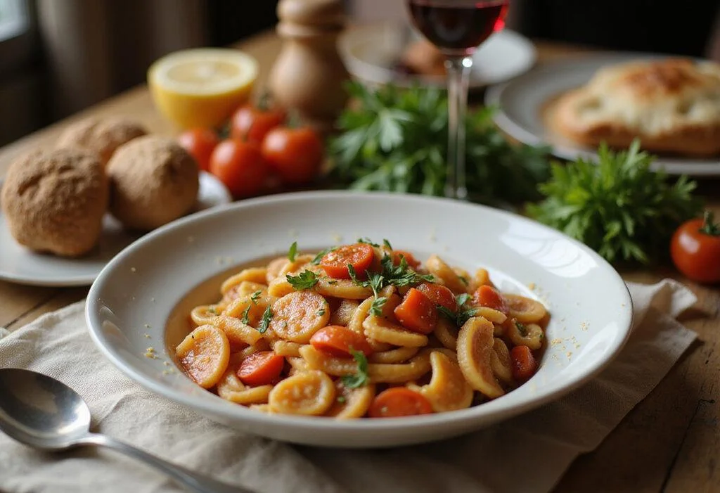 Delicious northern pasta served elegantly in a table setting, showcasing the final presentation of the hearty dish.