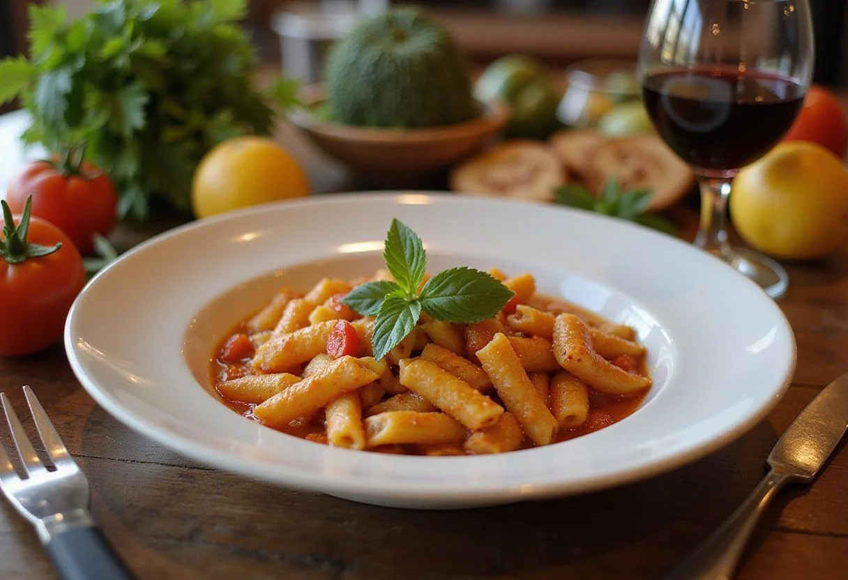 Delicious northern pasta served elegantly in a table setting, showcasing the final presentation of the hearty dish.