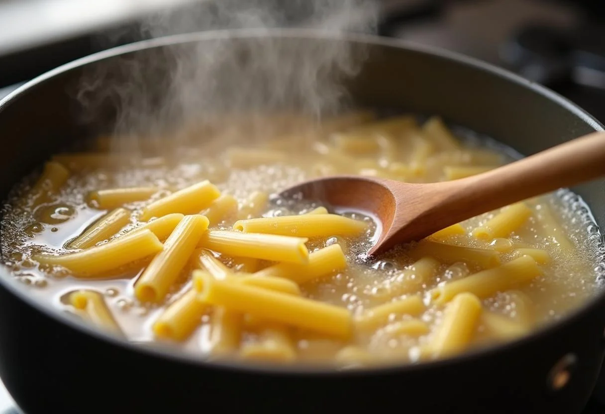 Boiling northern style pasta in a pot with steam and bubbles, capturing the process of making hearty pasta.