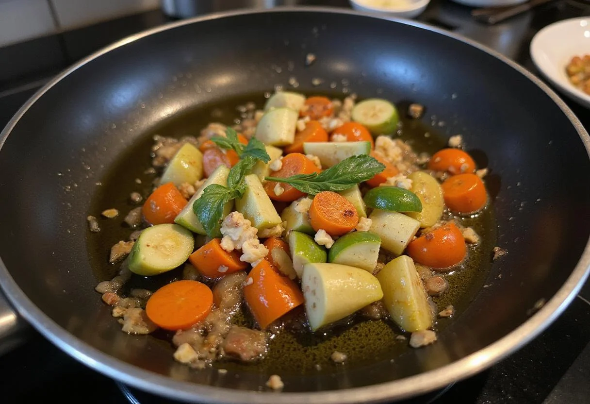 Cooking garlic and fresh vegetables in a skillet for hearty northern style pasta, highlighting the preparation steps.