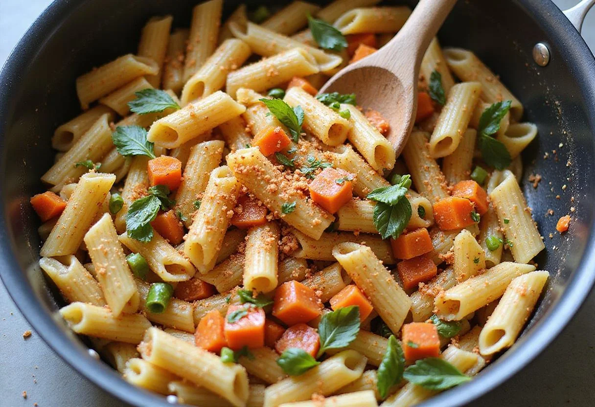 Combining sautéed vegetables with cooked northern style pasta in a bowl, depicting a key step in the hearty pasta recipe.