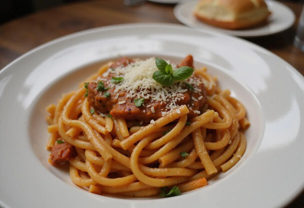 Plated hearty northern style pasta with herbs and cheese, illustrating the finished dish ready to be enjoyed.