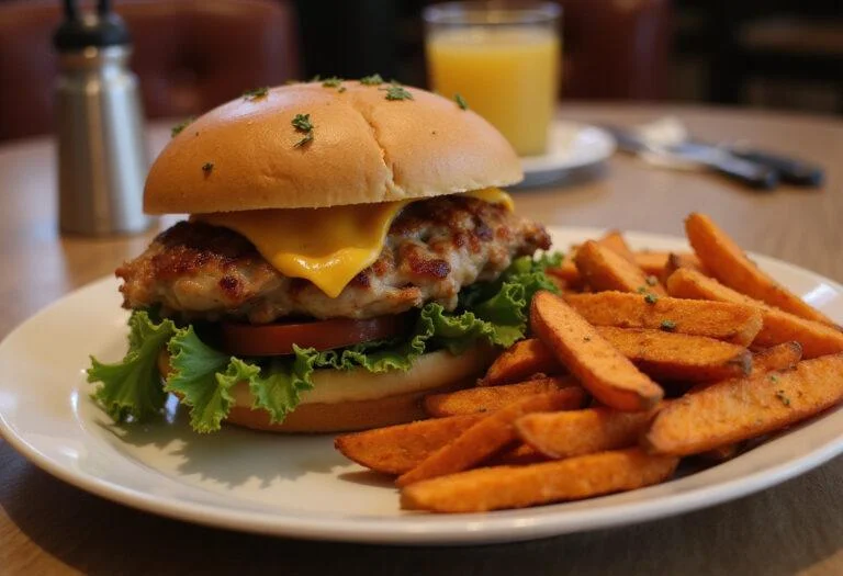 Hearty turkey gobbler sandwich served on a plate with sweet potato fries, perfect for a satisfying meal.