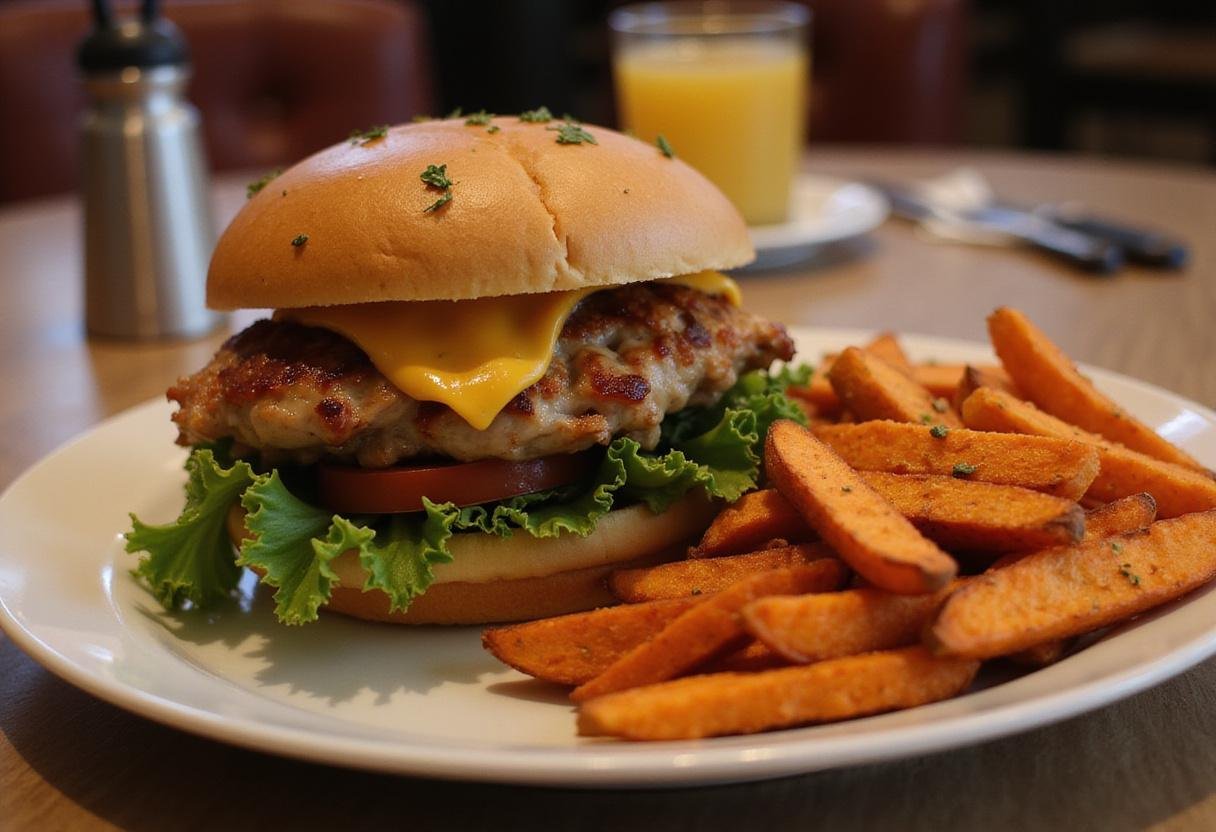 Hearty turkey gobbler sandwich served on a plate with sweet potato fries, perfect for a satisfying meal.
