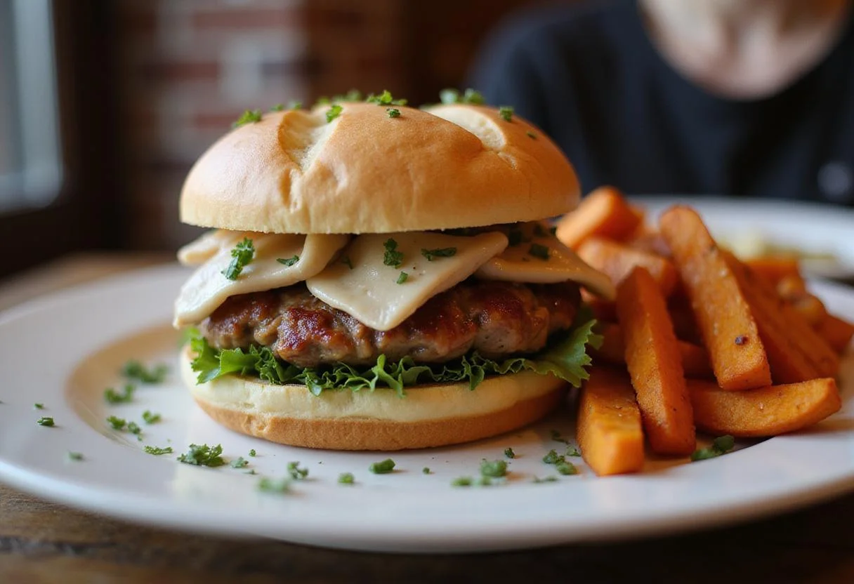 Hearty turkey gobbler sandwich served on a plate with sweet potato fries, perfect for a satisfying meal.