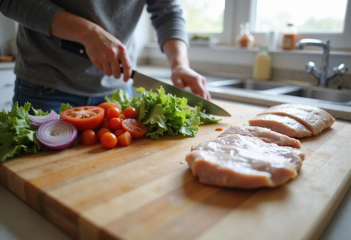 Fresh sliced vegetables for a turkey gobbler sandwich, including tomatoes, lettuce, and onions for a hearty meal.