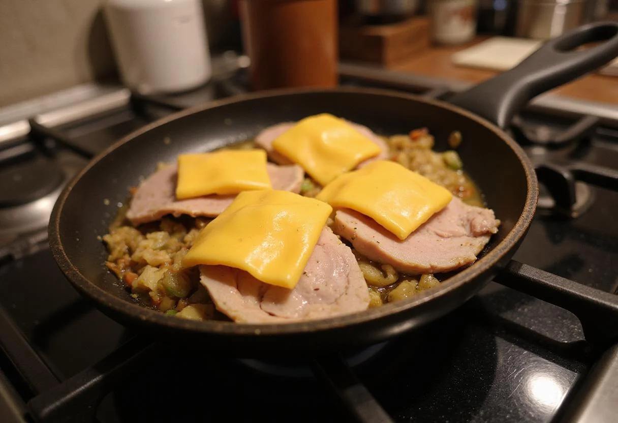 Heating turkey slices with melted cheese in a pan for the perfect turkey gobbler sandwich.