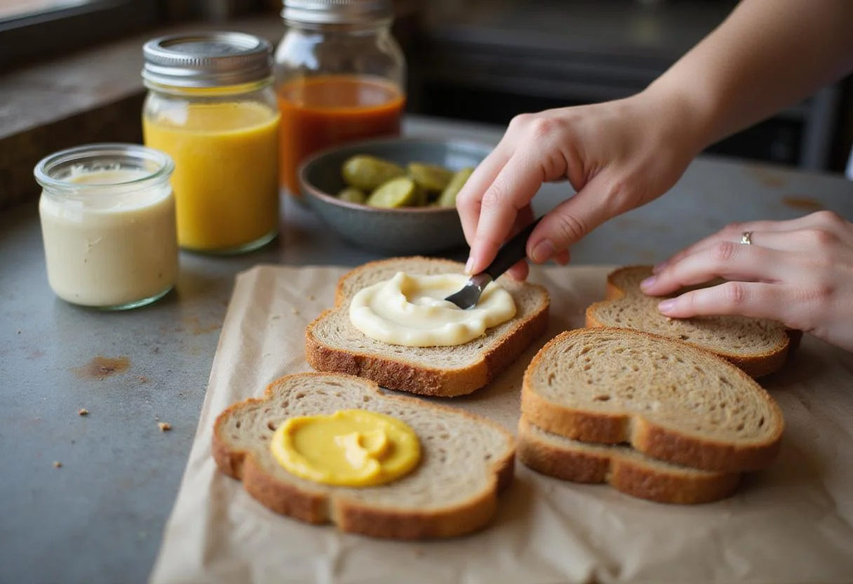 Spreading mayonnaise and mustard on whole grain bread for a hearty turkey gobbler sandwich.