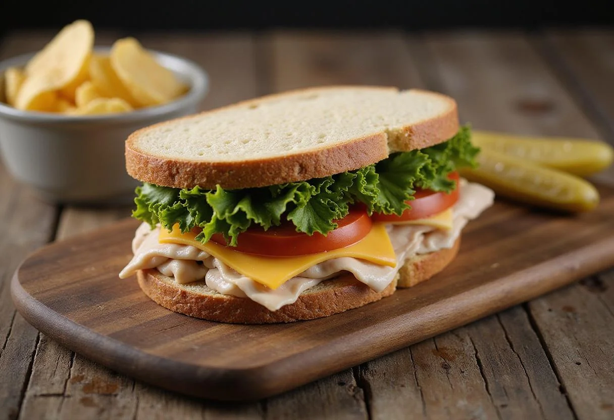 A deliciously stacked turkey gobbler sandwich ready to be enjoyed, accompanied by chips and pickles.