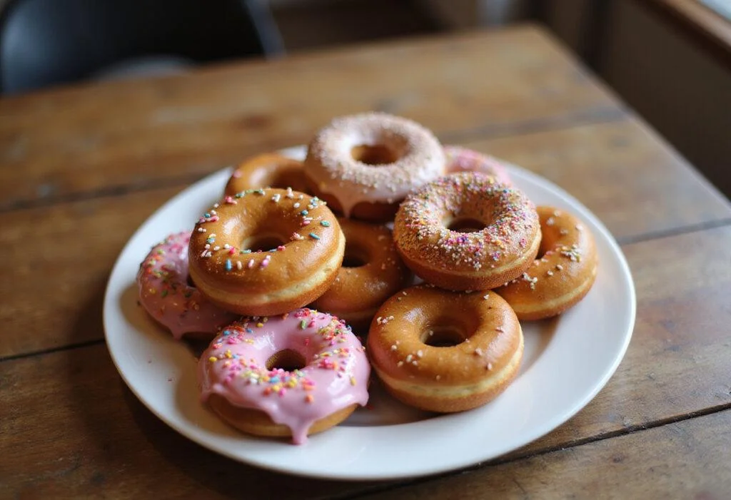 Delicious homemade sweet donuts served on a plate, showcasing a delightful donut recipe perfect for sharing.