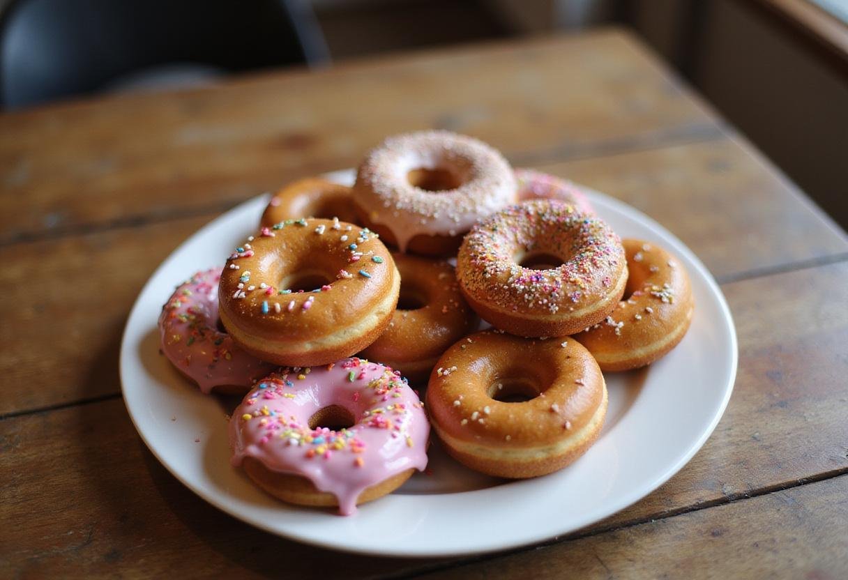 Delicious homemade sweet donuts served on a plate, showcasing a delightful donut recipe perfect for sharing.