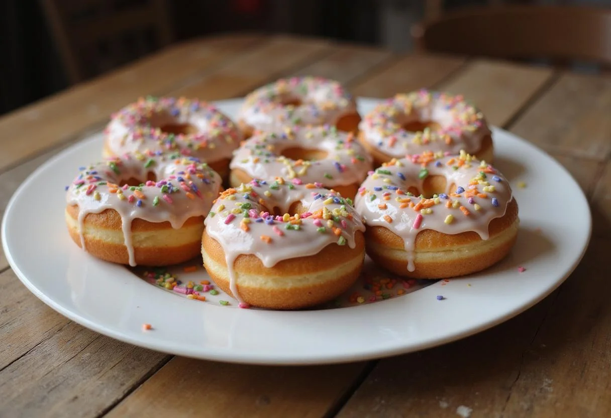 Delicious homemade sweet donuts served on a plate, showcasing a delightful donut recipe perfect for sharing.