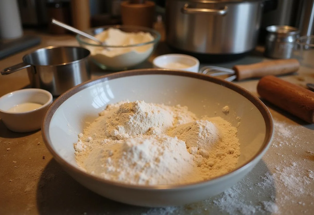 Ingredients for homemade sweet donuts, including flour, sugar, and yeast, perfect for a delicious donut recipe.