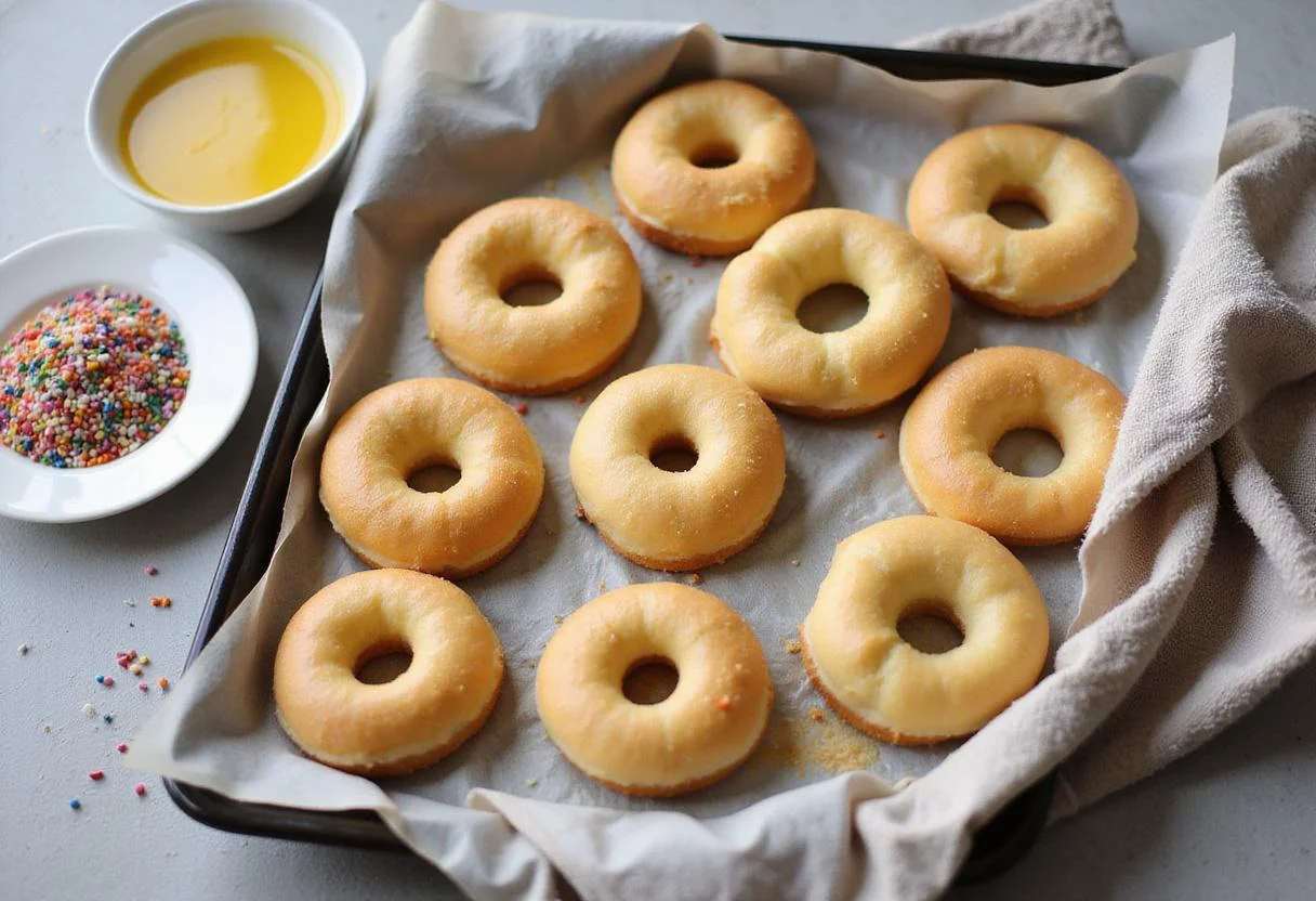 Doughnuts rising for the final bake, part of the process of making sweet donuts at home.