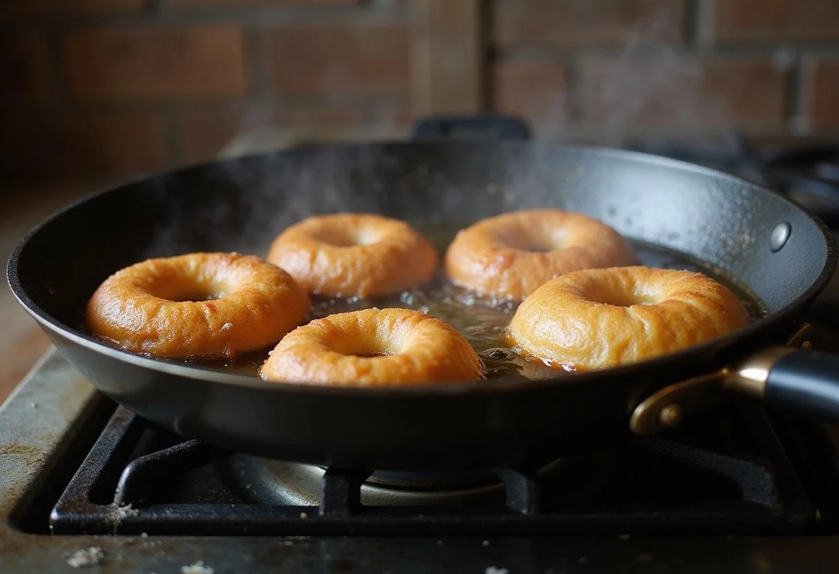 Frying sweet donuts in hot oil, creating a delicious homemade donut recipe with perfect golden color.