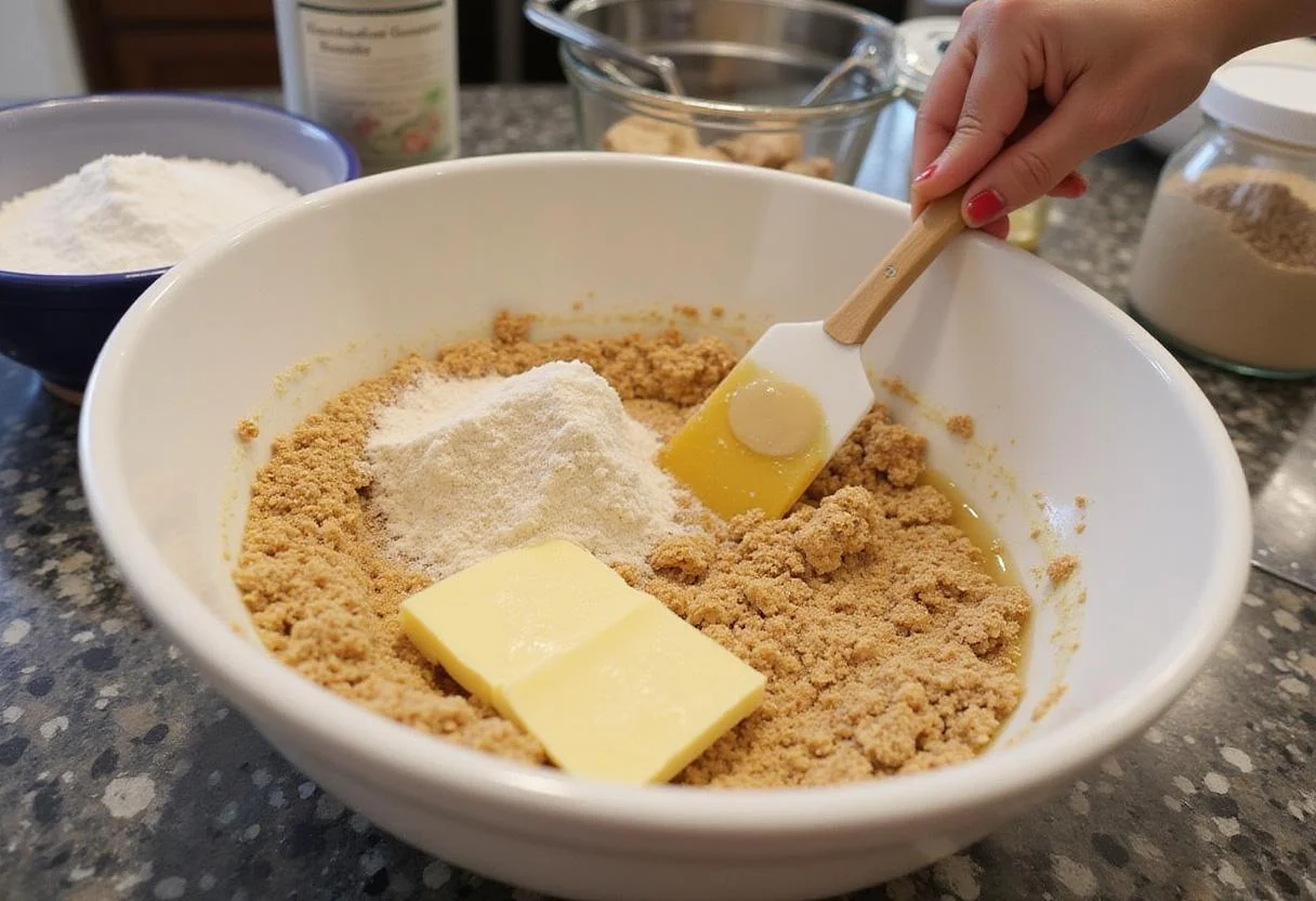 Making the crust for an indulgent frozen Snickers pie with crushed graham crackers and melted butter.