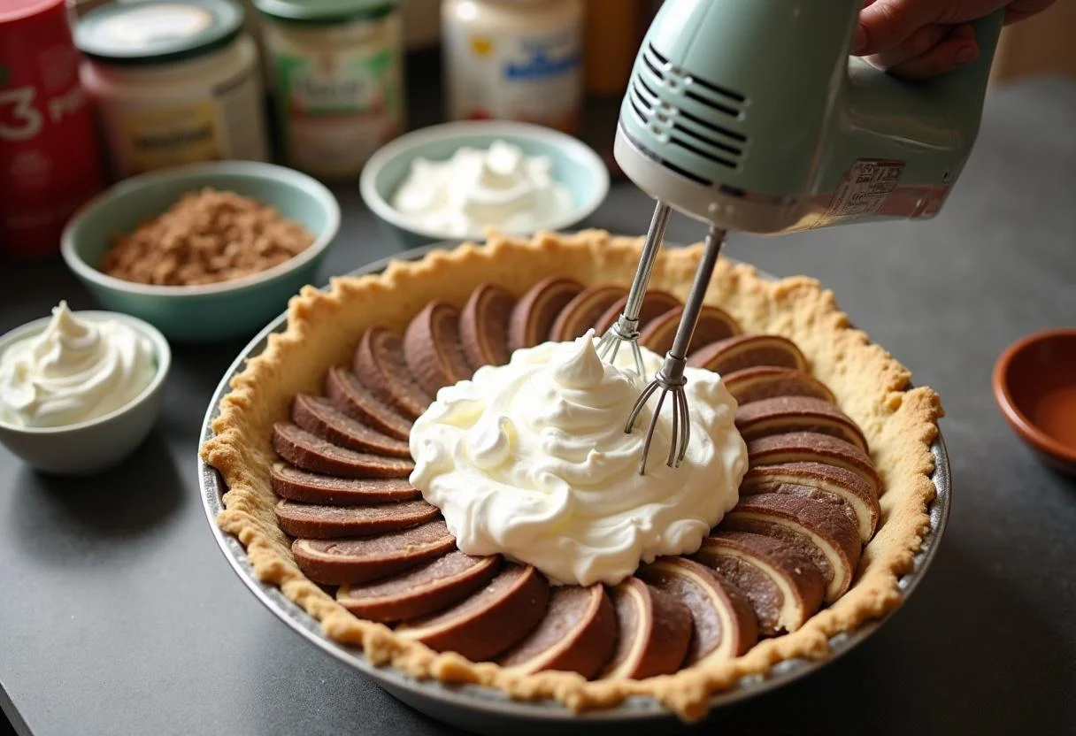 Mixing creamy filling for a Snickers pie, combining cream cheese and whipped cream with chunks of Snickers candy.