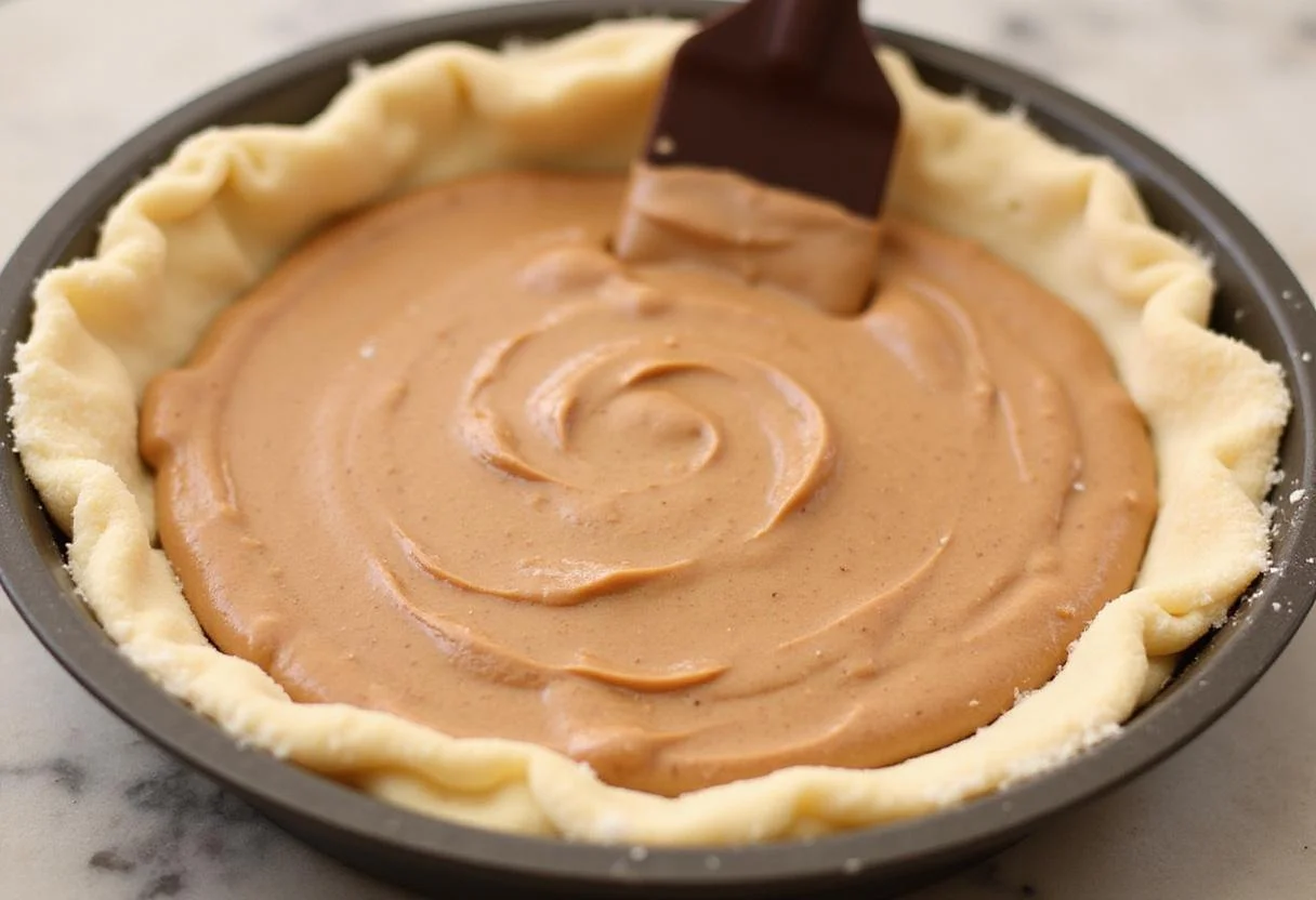 Layering the creamy Snickers filling in the crust of the indulgent frozen pie, creating a delectable dessert.