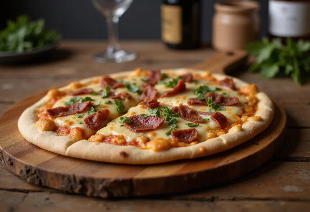 Irresistible creamy carbonara pizza perfectly baked, showcasing delicious toppings and inviting aroma.